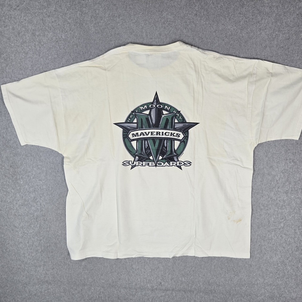 VINTAGE Mavericks Surfboard Men Shirt 2X Cream 90s Half Moon Bay READ